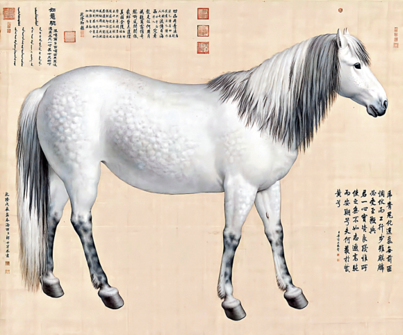 Close up of Ru Yi Cong horse by Giuseppe Castiglione showing Western shading on silk.