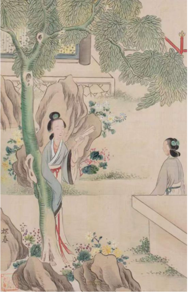 Jia Tanchun scholarly portrait with calligraphy brush, Qing art