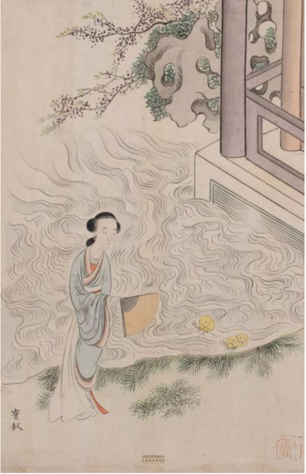 Qing Dynasty portrait of Xue Baochai - composed elegance with peony embroidery