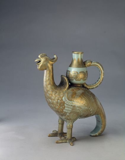 Dongqing glaze with golden rooster and flower pouring, The Palace Museum