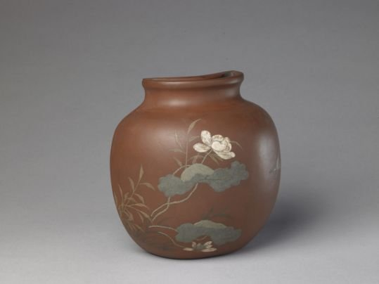 Yixing kiln purple sand painted flower and bird pattern wall vase, The Palace Museum