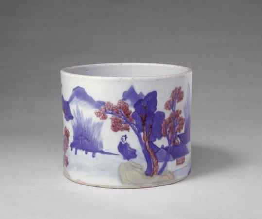 Underglaze three-color landscape painting pen holder, The Palace Museum