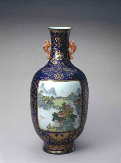 Sacrifice blue ground painted gold pastel consecrated landscape image ear wall vase, The Palace Museum