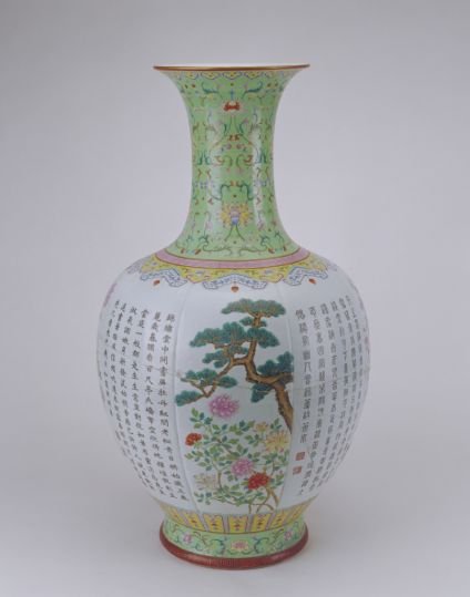 Large vase with green pastel floral pattern and verses, The Palace Museum
