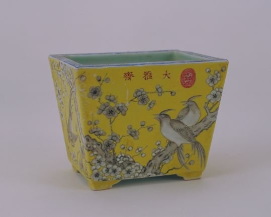 Small rectangular flowerpot with ink and flower patterns on yellow ground, The Palace Museum