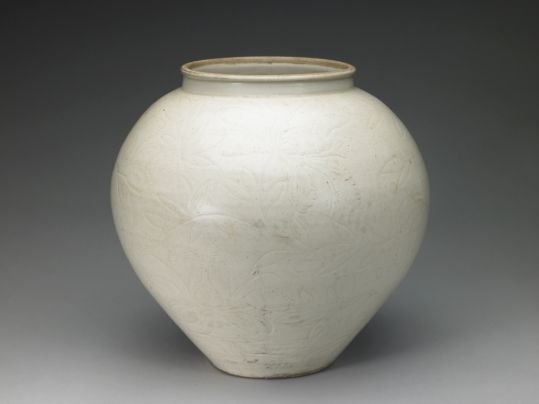Ding kiln white glaze jar with carved floral pattern, The Palace Museum