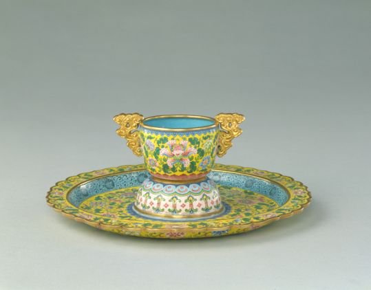 Qianlong style gold-painted enamel cup and plate with intertwining branches and floral patterns, The Palace Museum