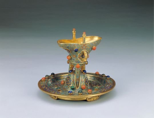 Qianlong Period Cloisonné Enamel Cup and Plate with Double Chi and Pearl Pattern, The Palace Museum
