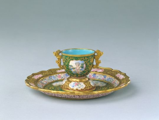 Qianlong period gold-painted enamel cup and plate with landscapes and figures, consecrated, The Palace Museum