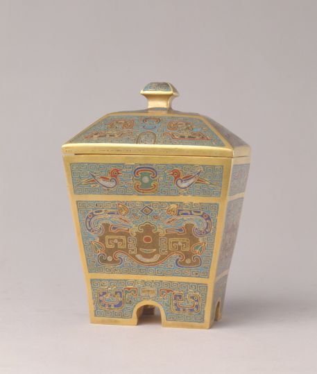 Qianlong period cloisonné enamel rectangular box with animal mask pattern, The Palace Museum