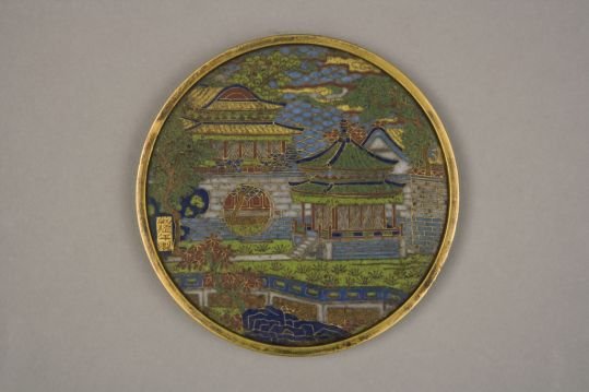Qianlong period cloisonné enamel bronze mirror with landscape and pavilions, The Palace Museum