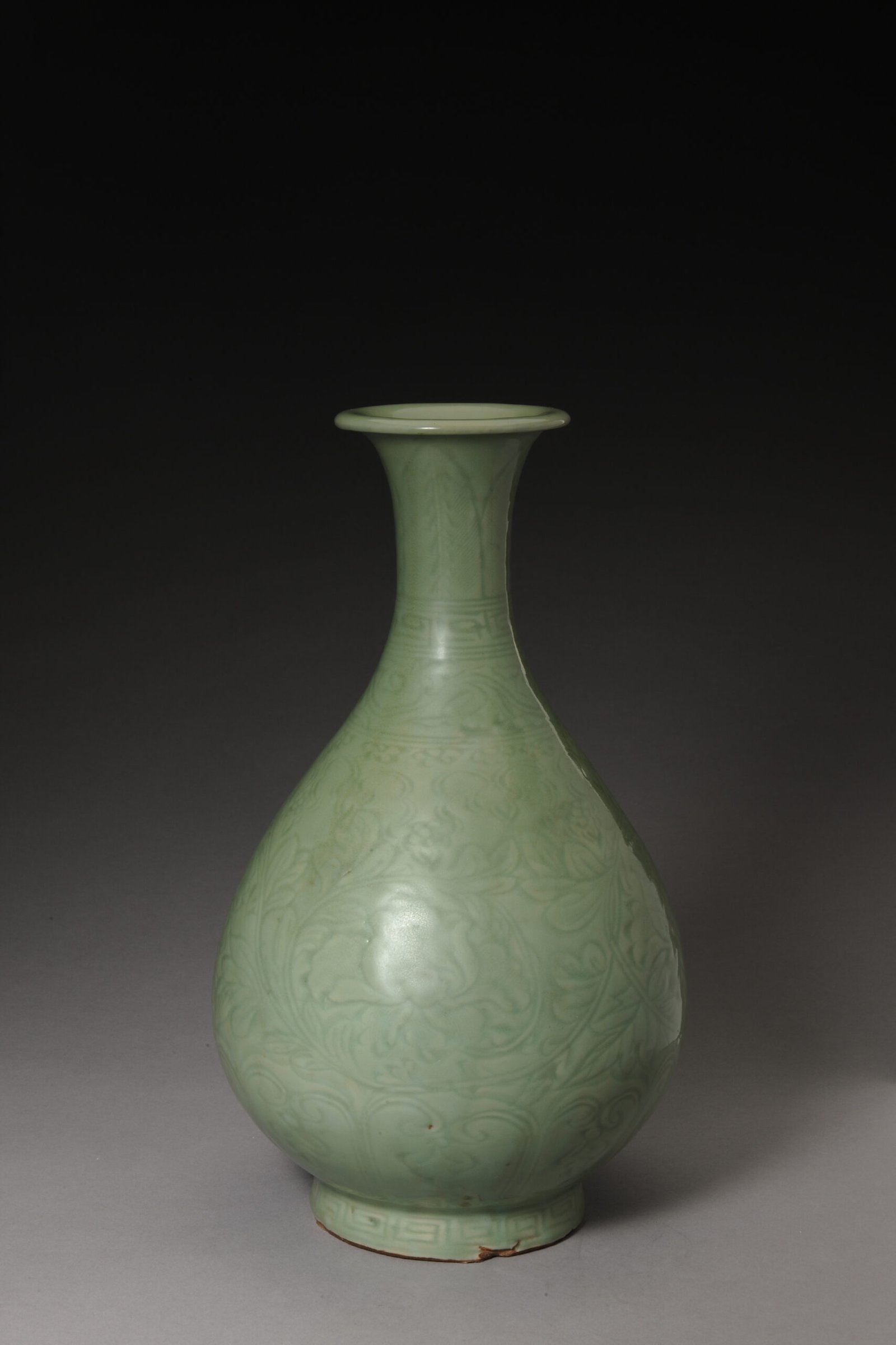 Longquan kiln celadon jade pot and spring vase with carved peony pattern, The Palace Museum