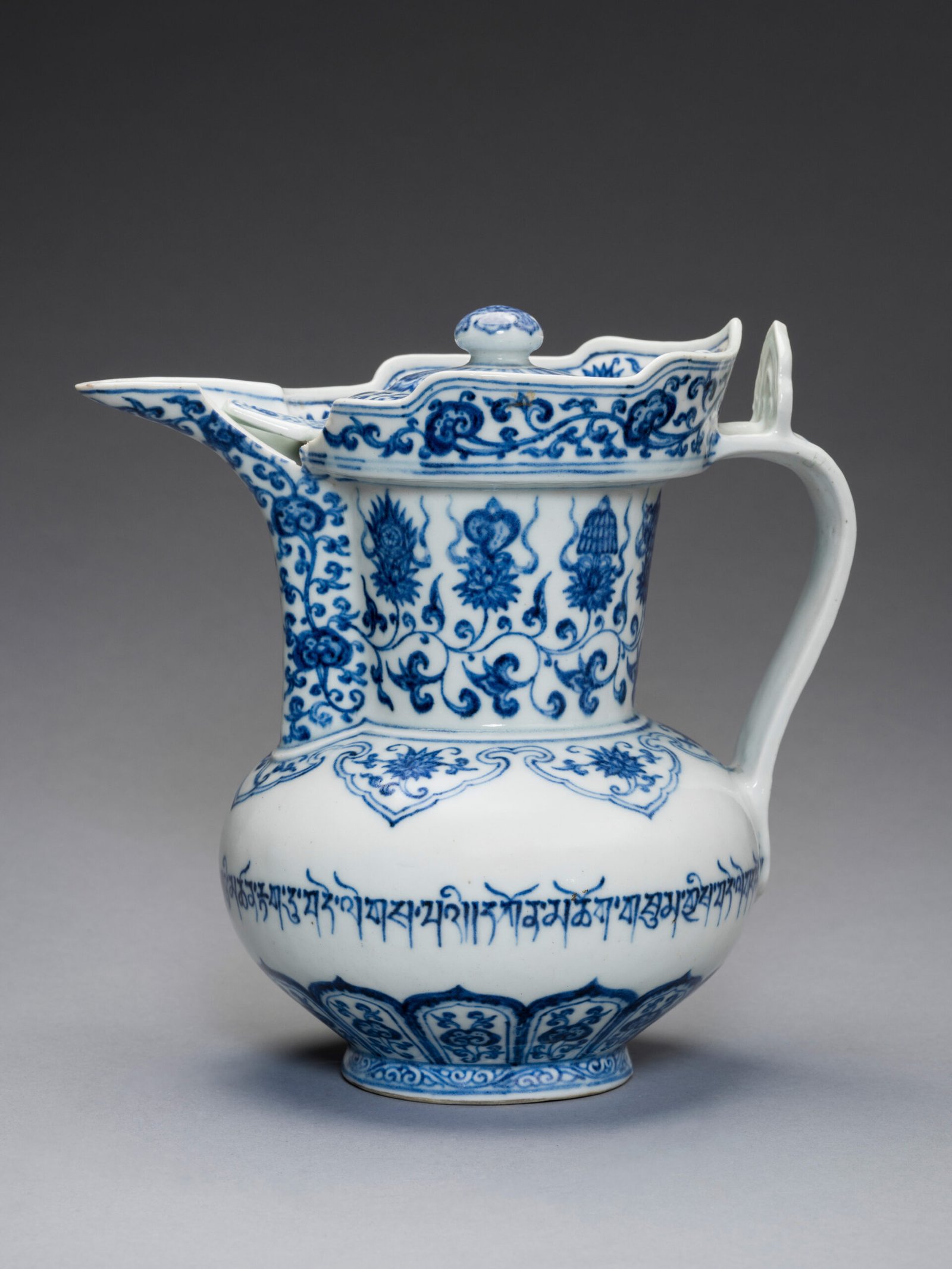 Blue and white Tibetan blessing monk hat pot, The Palace Museum
