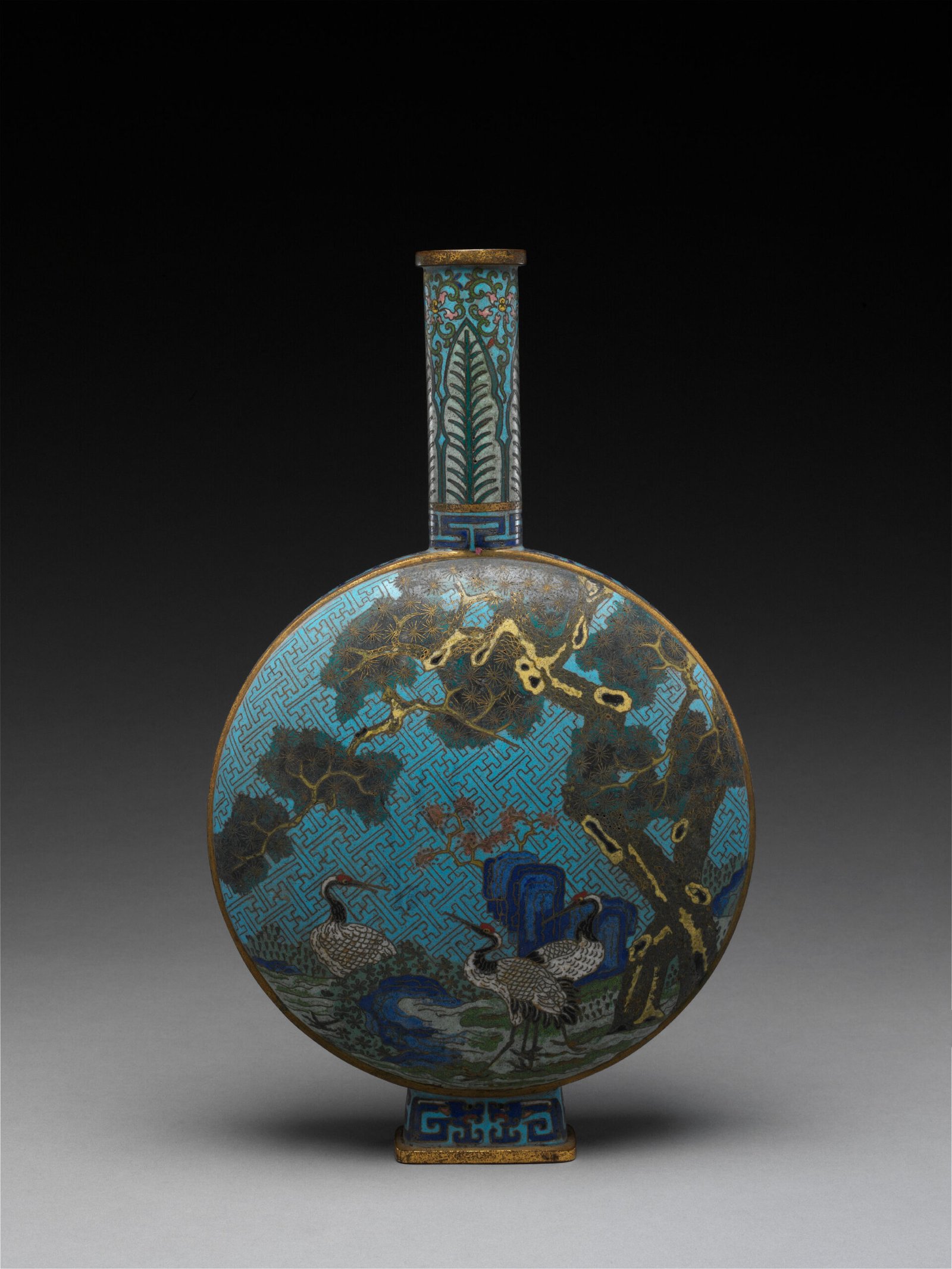 Cloisonné enamel flat vase with pine, crane, reed and wild goose, The Palace Museum
