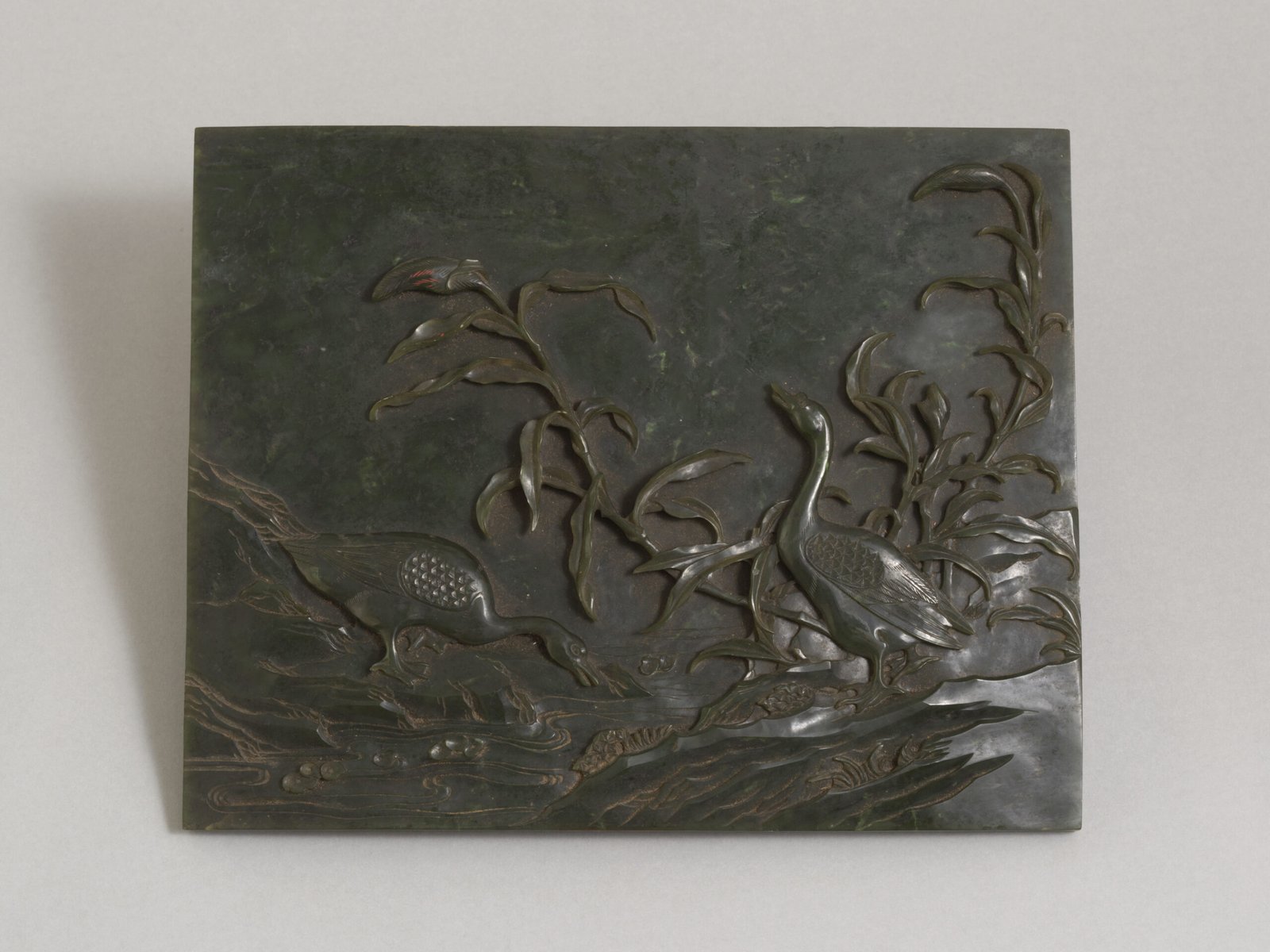 Illustrated screen with jasper and gold poems and pictures of reeds and wild geese, The Palace Museum
