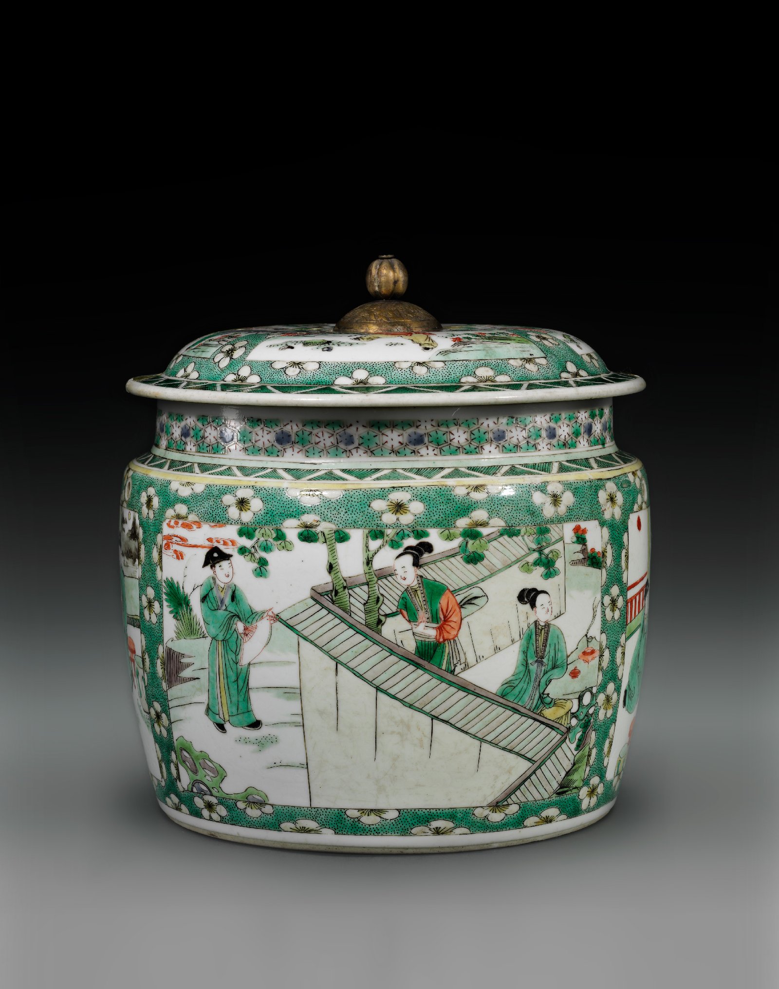Colorful consecrated lid jar with story illustrations from