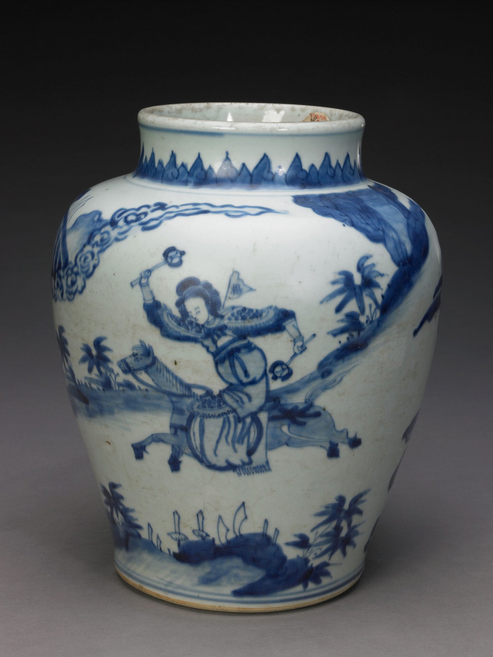 Blue and white knight picture jar, The Palace Museum